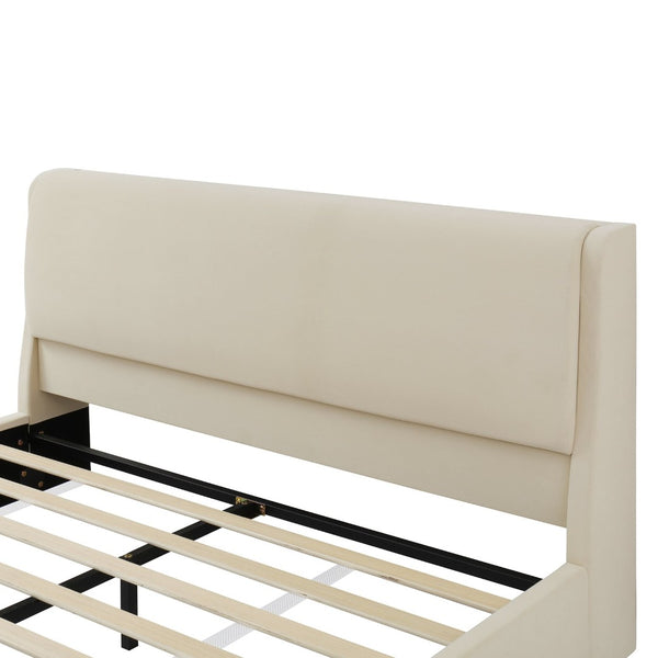 English Elm Queen Velvet Platform Bed with Built-in Led Pet Caves at Footboard for Cats Beige SF000206AAA