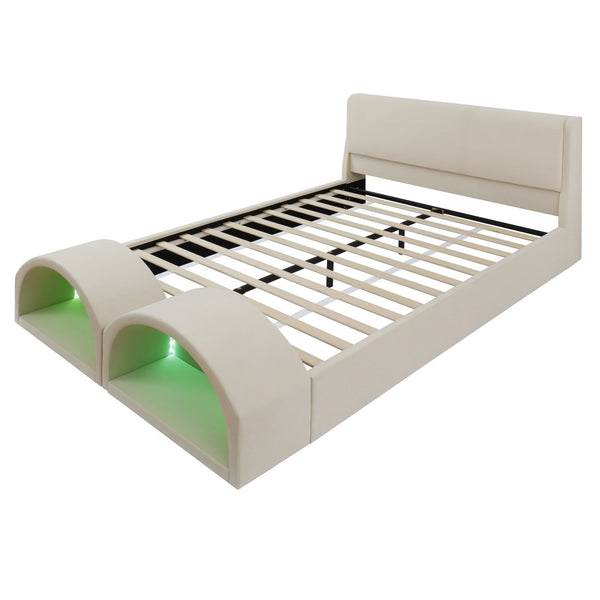 English Elm Queen Velvet Platform Bed with Built-in Led Pet Caves at Footboard for Cats Beige SF000206AAA