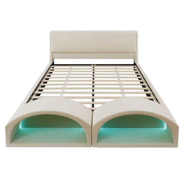 English Elm Queen Velvet Platform Bed with Built-in Led Pet Caves at Footboard for Cats Beige SF000206AAA