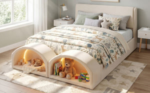 English Elm Queen Velvet Platform Bed with Built-in Led Pet Caves at Footboard for Cats Beige SF000206AAA
