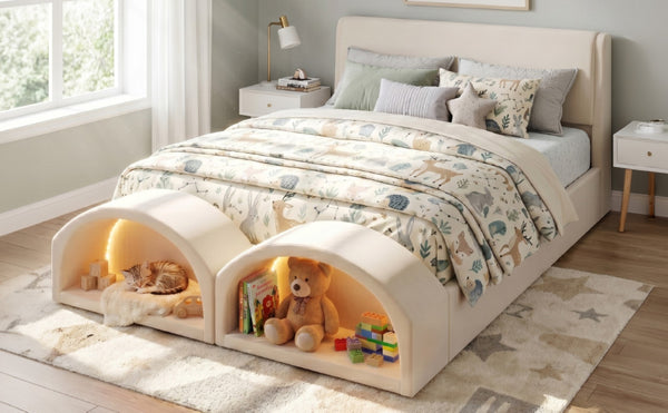 English Elm Queen Velvet Platform Bed with Built-in Led Pet Caves at Footboard for Cats Beige SF000206AAA