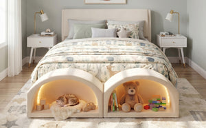 English Elm Queen Velvet Platform Bed with Built-in Led Pet Caves at Footboard for Cats Beige SF000206AAA