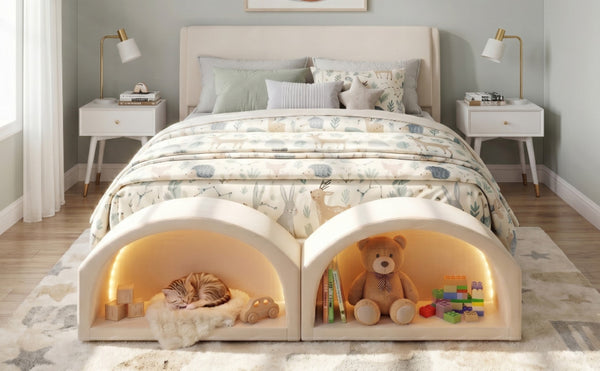 English Elm Queen Velvet Platform Bed with Built-in Led Pet Caves at Footboard for Cats Beige SF000206AAA