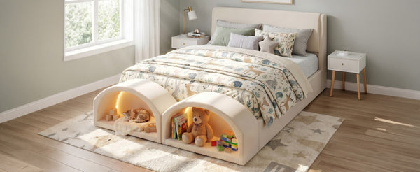 English Elm Queen Velvet Platform Bed with Built-in Led Pet Caves at Footboard for Cats Beige SF000206AAA