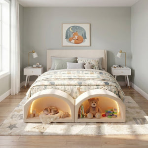English Elm Queen Velvet Platform Bed with Built-in Led Pet Caves at Footboard for Cats Beige SF000206AAA