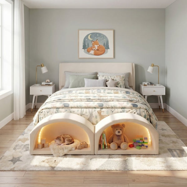 English Elm Queen Velvet Platform Bed with Built-in Led Pet Caves at Footboard for Cats Beige SF000206AAA