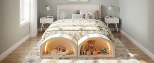 English Elm Queen Velvet Platform Bed with Built-in Led Pet Caves at Footboard for Cats Beige SF000206AAA