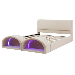 English Elm Queen Velvet Platform Bed with Built-in Led Pet Caves at Footboard for Cats Beige SF000206AAA