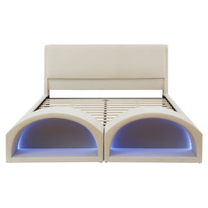 English Elm Queen Velvet Platform Bed with Built-in Led Pet Caves at Footboard for Cats Beige SF000206AAA