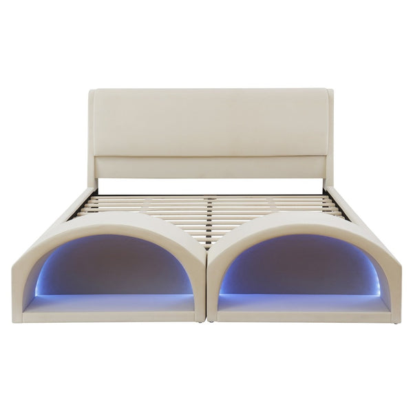 English Elm Queen Velvet Platform Bed with Built-in Led Pet Caves at Footboard for Cats Beige SF000206AAA