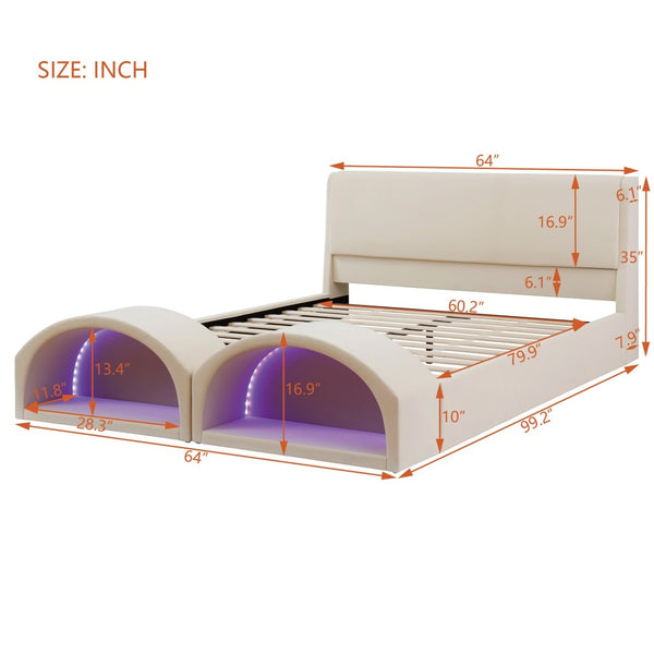 English Elm Queen Velvet Platform Bed with Built-in Led Pet Caves at Footboard for Cats Beige SF000206AAA