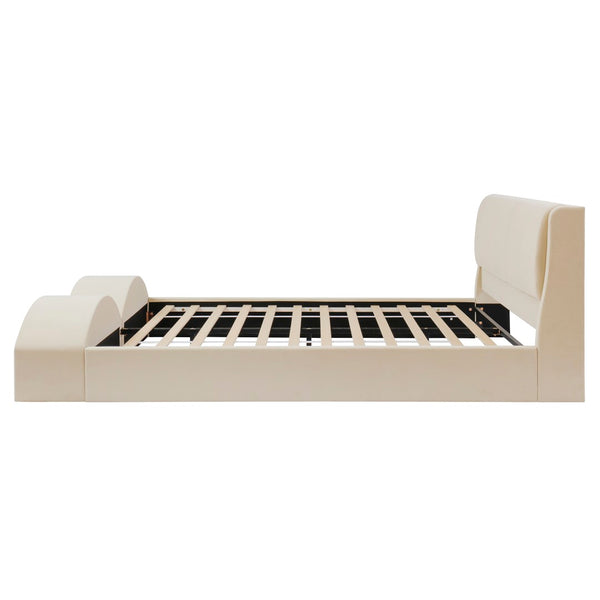 English Elm Queen Velvet Platform Bed with Built-in Led Pet Caves at Footboard for Cats Beige SF000206AAA