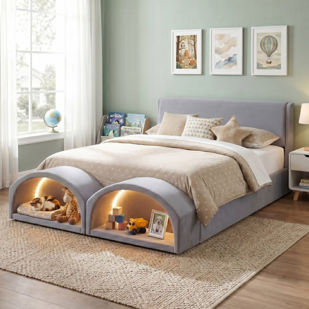 English Elm Queen Velvet Platform Bed with Built-in Led Pet Caves at Footboard for Cats Gray SF000206AAE
