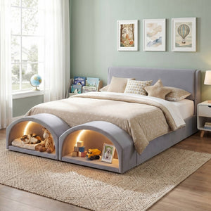 English Elm Queen Velvet Platform Bed with Built-in Led Pet Caves at Footboard for Cats Gray SF000206AAE