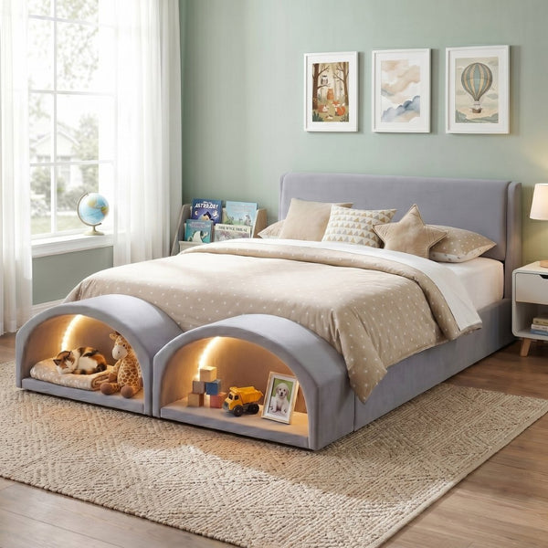 English Elm Queen Velvet Platform Bed with Built-in Led Pet Caves at Footboard for Cats Gray SF000206AAE