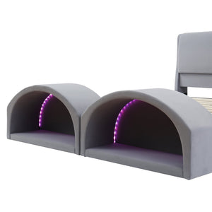 English Elm Queen Velvet Platform Bed with Built-in Led Pet Caves at Footboard for Cats Gray SF000206AAE