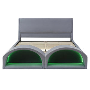 English Elm Queen Velvet Platform Bed with Built-in Led Pet Caves at Footboard for Cats Gray SF000206AAE