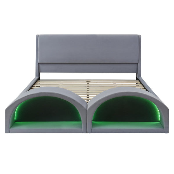 English Elm Queen Velvet Platform Bed with Built-in Led Pet Caves at Footboard for Cats Gray SF000206AAE