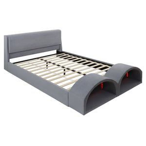 English Elm Queen Velvet Platform Bed with Built-in Led Pet Caves at Footboard for Cats Gray SF000206AAE