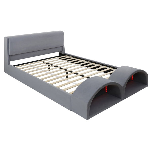 English Elm Queen Velvet Platform Bed with Built-in Led Pet Caves at Footboard for Cats Gray SF000206AAE
