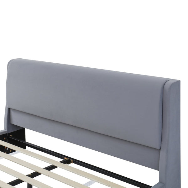 English Elm Queen Velvet Platform Bed with Built-in Led Pet Caves at Footboard for Cats Gray SF000206AAE