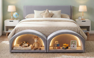 English Elm Queen Velvet Platform Bed with Built-in Led Pet Caves at Footboard for Cats Gray SF000206AAE