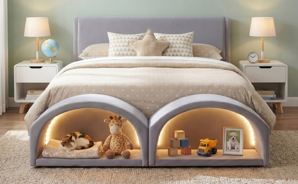 English Elm Queen Velvet Platform Bed with Built-in Led Pet Caves at Footboard for Cats Gray SF000206AAE