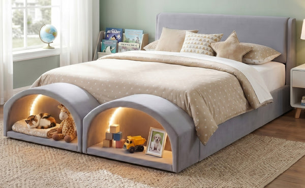 English Elm Queen Velvet Platform Bed with Built-in Led Pet Caves at Footboard for Cats Gray SF000206AAE