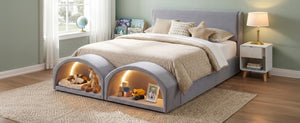 English Elm Queen Velvet Platform Bed with Built-in Led Pet Caves at Footboard for Cats Gray SF000206AAE