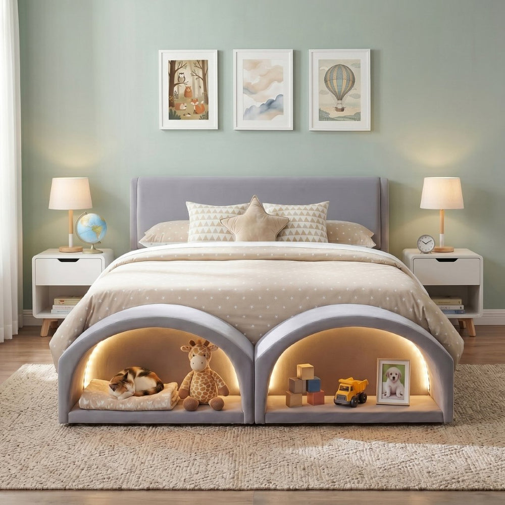 English Elm Queen Velvet Platform Bed with Built-in Led Pet Caves at Footboard for Cats Gray SF000206AAE