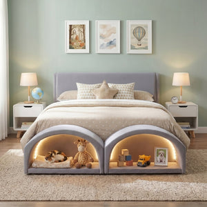 English Elm Queen Velvet Platform Bed with Built-in Led Pet Caves at Footboard for Cats Gray SF000206AAE