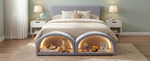 English Elm Queen Velvet Platform Bed with Built-in Led Pet Caves at Footboard for Cats Gray SF000206AAE