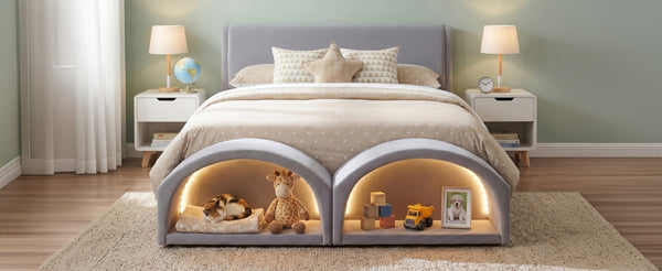 English Elm Queen Velvet Platform Bed with Built-in Led Pet Caves at Footboard for Cats Gray SF000206AAE