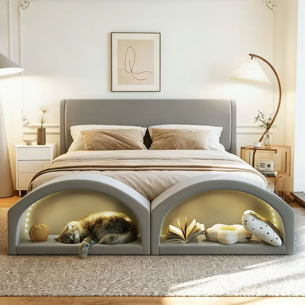 English Elm Queen Velvet Platform Bed with Built-in Led Pet Caves at Footboard for Cats Gray SF000206AAE