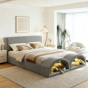 English Elm Queen Velvet Platform Bed with Built-in Led Pet Caves at Footboard for Cats Gray SF000206AAE