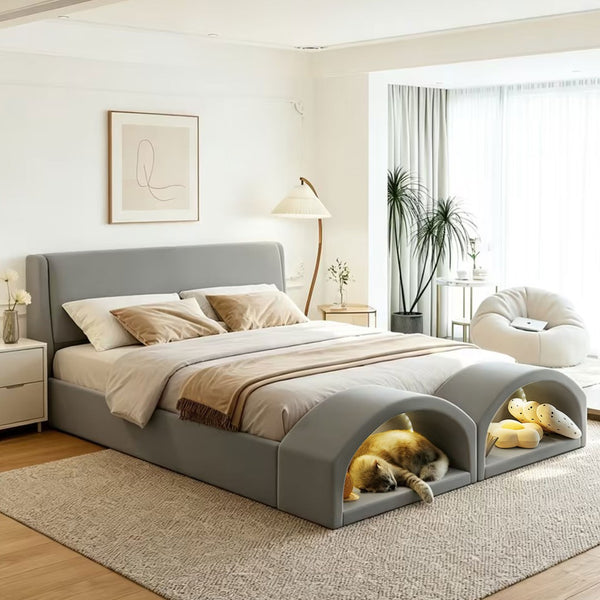 English Elm Queen Velvet Platform Bed with Built-in Led Pet Caves at Footboard for Cats Gray SF000206AAE
