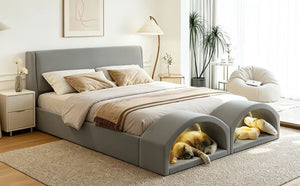English Elm Queen Velvet Platform Bed with Built-in Led Pet Caves at Footboard for Cats Gray SF000206AAE