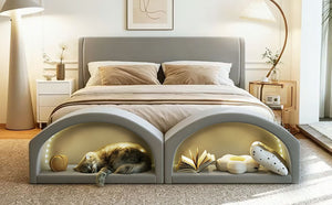 English Elm Queen Velvet Platform Bed with Built-in Led Pet Caves at Footboard for Cats Gray SF000206AAE