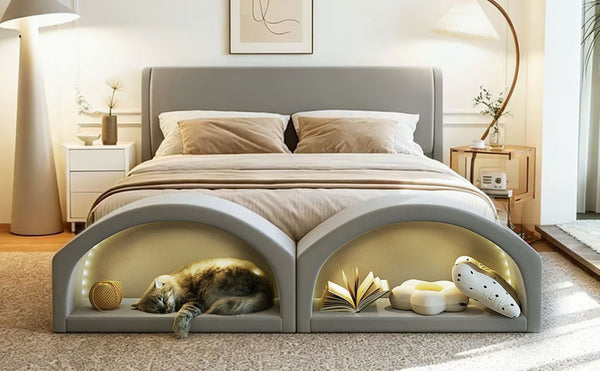 English Elm Queen Velvet Platform Bed with Built-in Led Pet Caves at Footboard for Cats Gray SF000206AAE