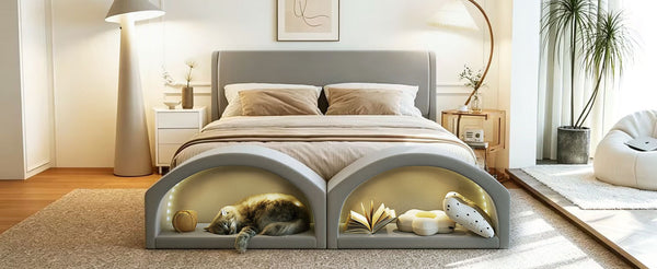 English Elm Queen Velvet Platform Bed with Built-in Led Pet Caves at Footboard for Cats Gray SF000206AAE