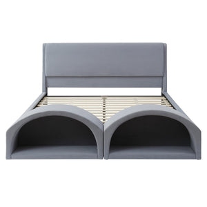 English Elm Queen Velvet Platform Bed with Built-in Led Pet Caves at Footboard for Cats Gray SF000206AAE