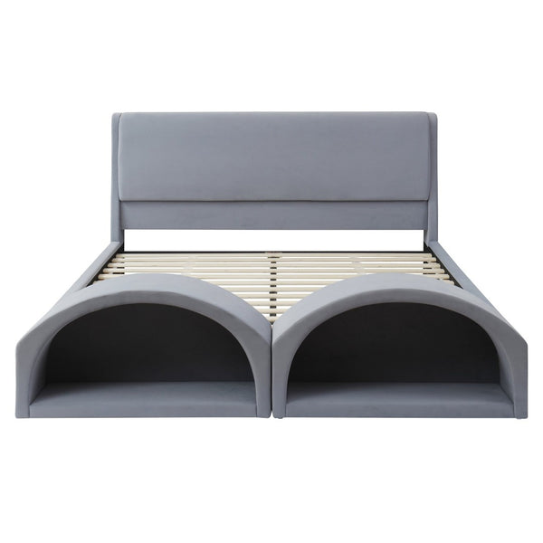 English Elm Queen Velvet Platform Bed with Built-in Led Pet Caves at Footboard for Cats Gray SF000206AAE