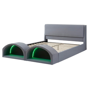 English Elm Queen Velvet Platform Bed with Built-in Led Pet Caves at Footboard for Cats Gray SF000206AAE