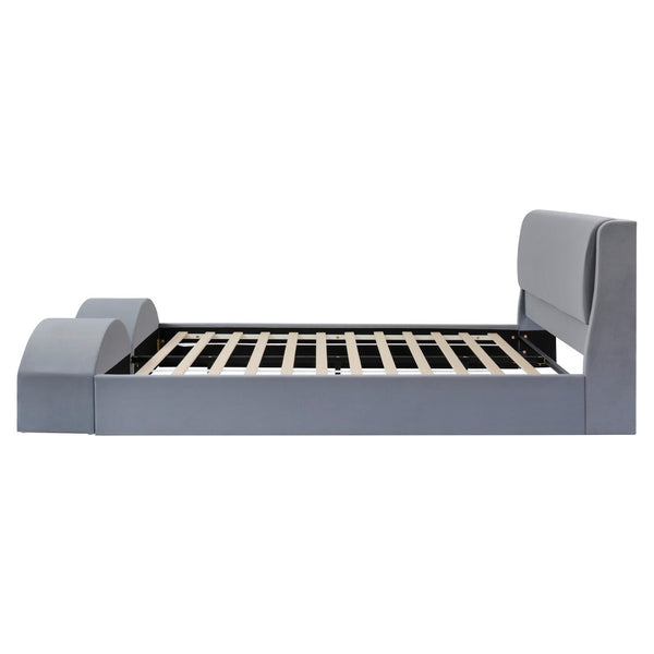 English Elm Queen Velvet Platform Bed with Built-in Led Pet Caves at Footboard for Cats Gray SF000206AAE