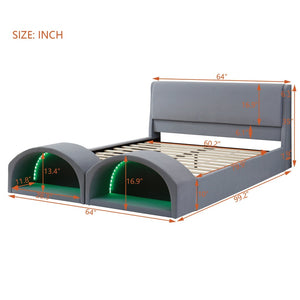 English Elm Queen Velvet Platform Bed with Built-in Led Pet Caves at Footboard for Cats Gray SF000206AAE