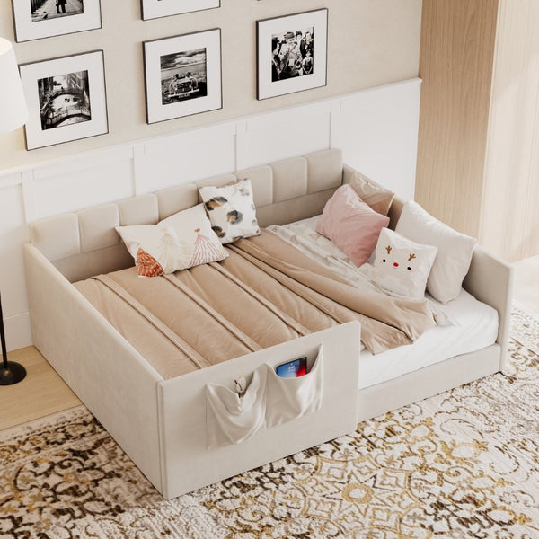 English Elm Full Size Velvet Daybed with Wraparound Panels and Storage Pockets for Guest Rooms Beige SF000208AAA