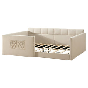 English Elm Full Size Velvet Daybed with Wraparound Panels and Storage Pockets for Guest Rooms Beige SF000208AAA