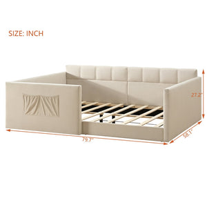 English Elm Full Size Velvet Daybed with Wraparound Panels and Storage Pockets for Guest Rooms Beige SF000208AAA