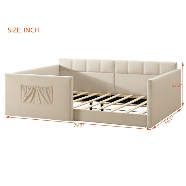 English Elm Full Size Velvet Daybed with Wraparound Panels and Storage Pockets for Guest Rooms Beige SF000208AAA