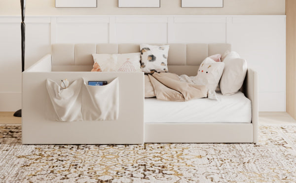 English Elm Full Size Velvet Daybed with Wraparound Panels and Storage Pockets for Guest Rooms Beige SF000208AAA